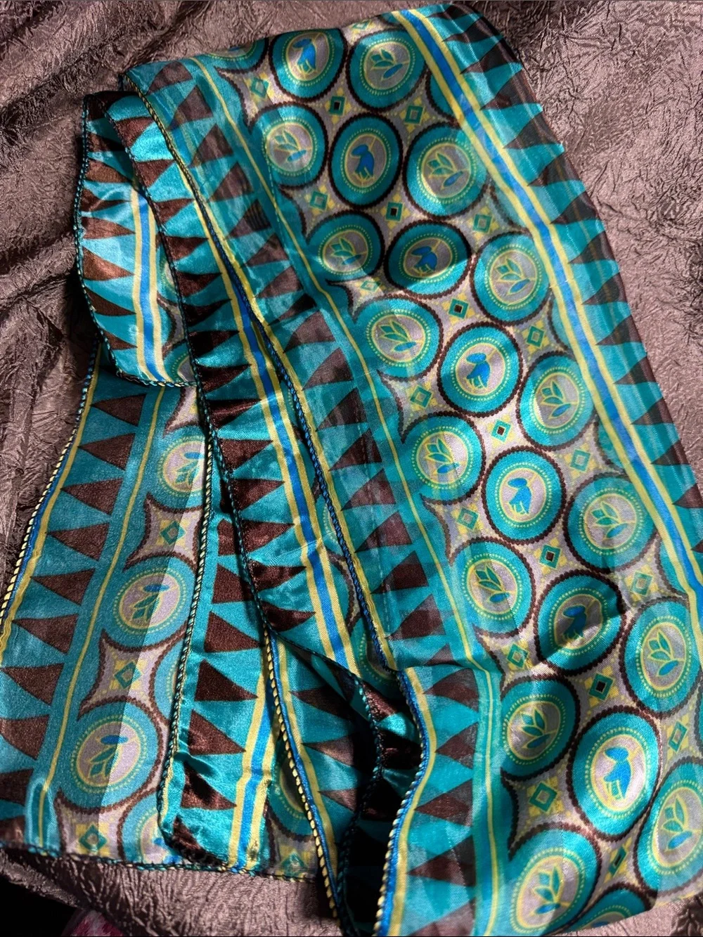 Teal Geometric Silk Scarf with Circular Motif